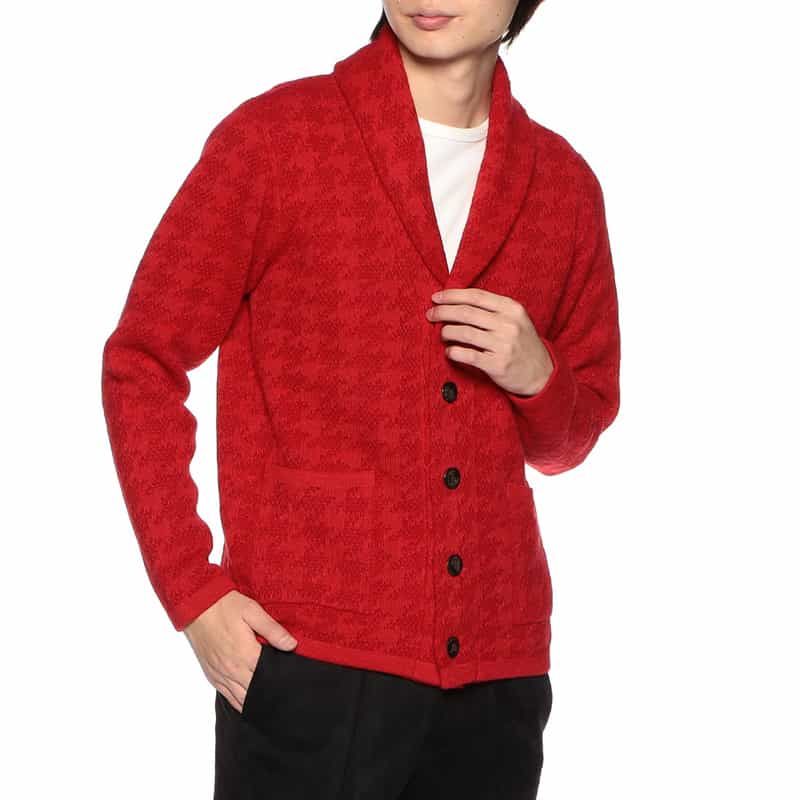 BARNEYS NEW YORK ジャカード千鳥柄ショールカラーカーディガン RED