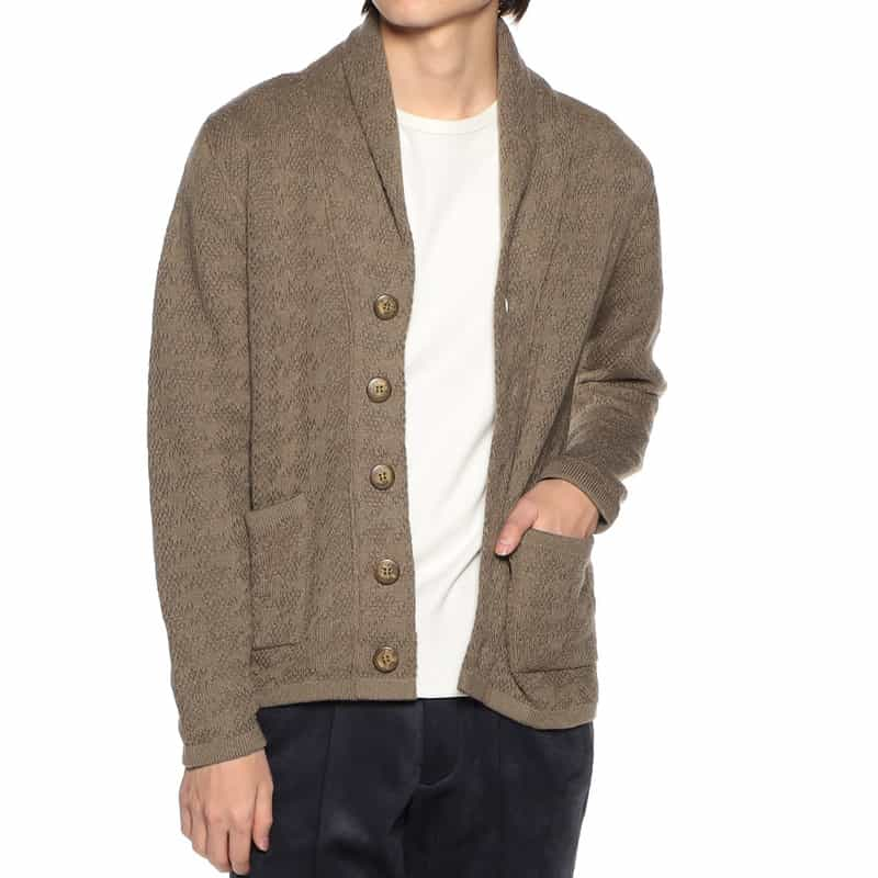 BARNEYS NEW YORK ジャカード千鳥柄ショールカラーカーディガン BROWN