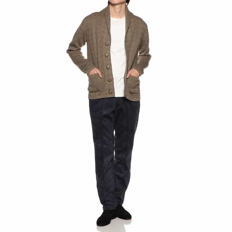 BARNEYS NEW YORK ジャカード千鳥柄ショールカラーカーディガン BROWN