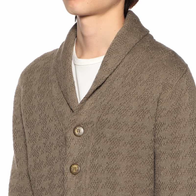 BARNEYS NEW YORK ジャカード千鳥柄ショールカラーカーディガン BROWN