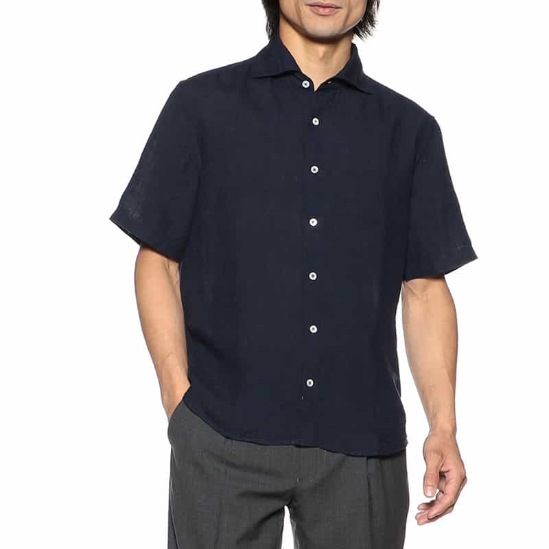 BARNEYS NEW YORK 半袖リネンシャツ NAVY