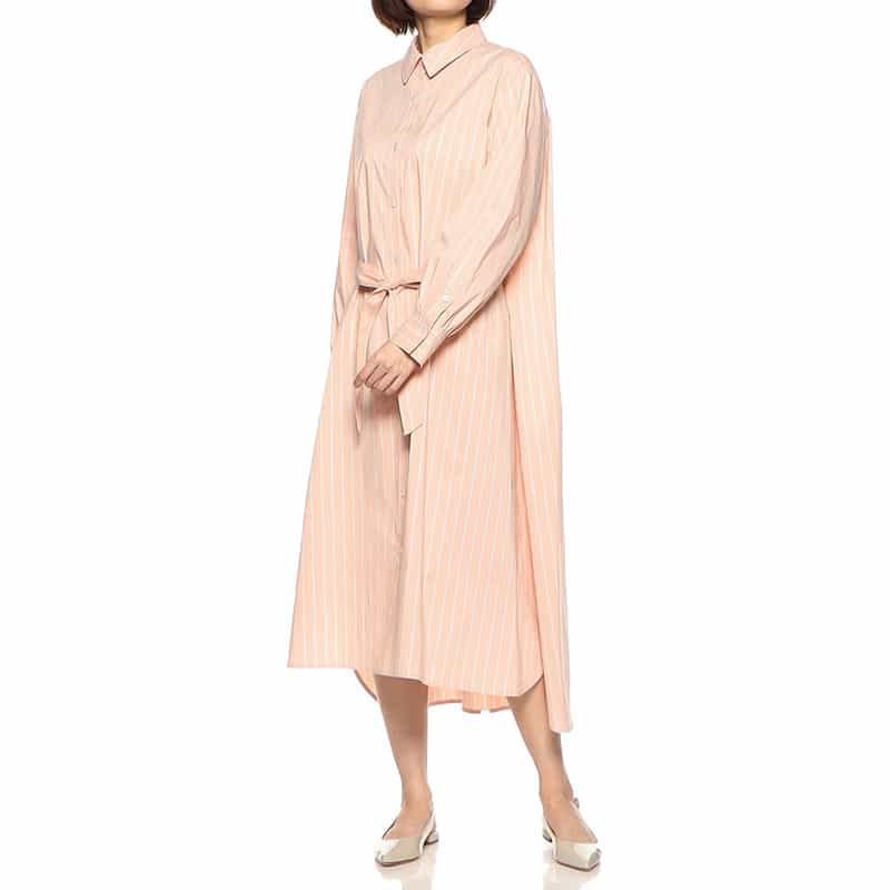 BARNEYS NEW YORK ウォッシャブルマルチストライプ柄ロングシャツドレス ORANGE