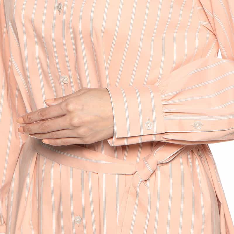 BARNEYS NEW YORK ウォッシャブルマルチストライプ柄ロングシャツドレス ORANGE