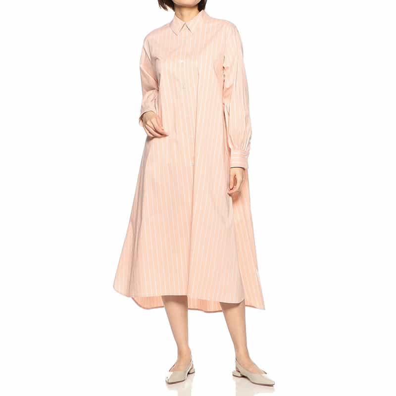 BARNEYS NEW YORK ウォッシャブルマルチストライプ柄ロングシャツドレス ORANGE