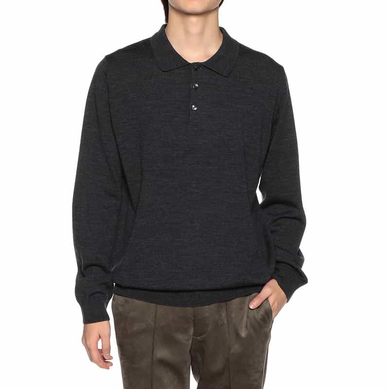 BARNEYS NEW YORK ウォッシャブルウールニットポロシャツ DARK GRAY