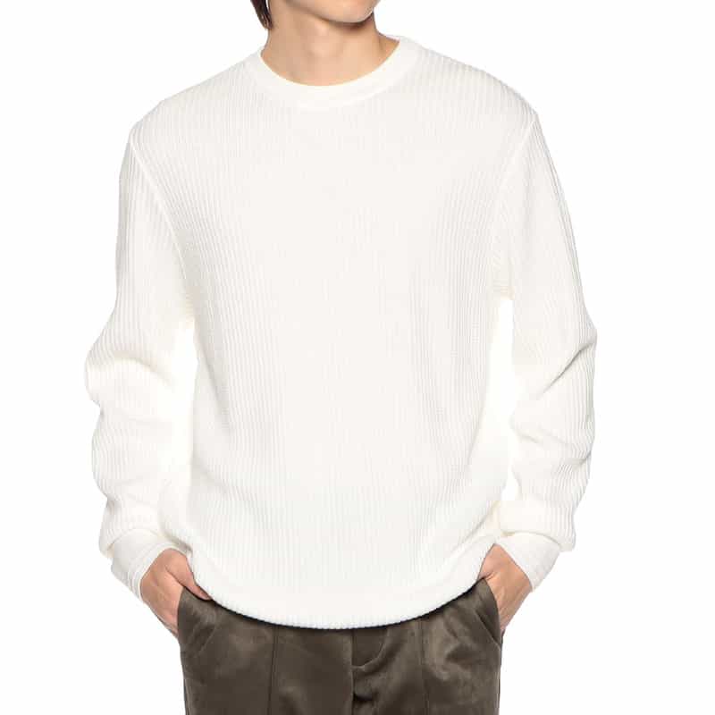 BARNEYS NEW YORK 海島綿ワッフルクルーネックニットプルオーバー WHITE