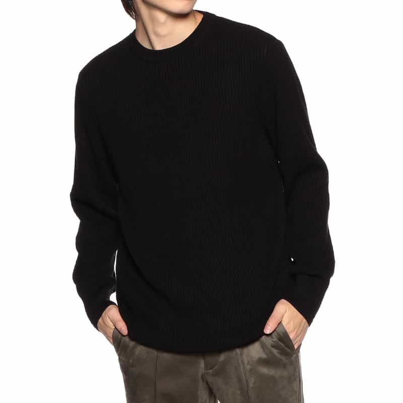 BARNEYS NEW YORK 海島綿ワッフルクルーネックニットプルオーバー BLACK