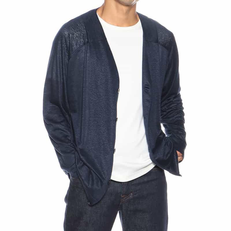 BARNEYS NEW YORK リネンVネックニットカーディガン NAVY