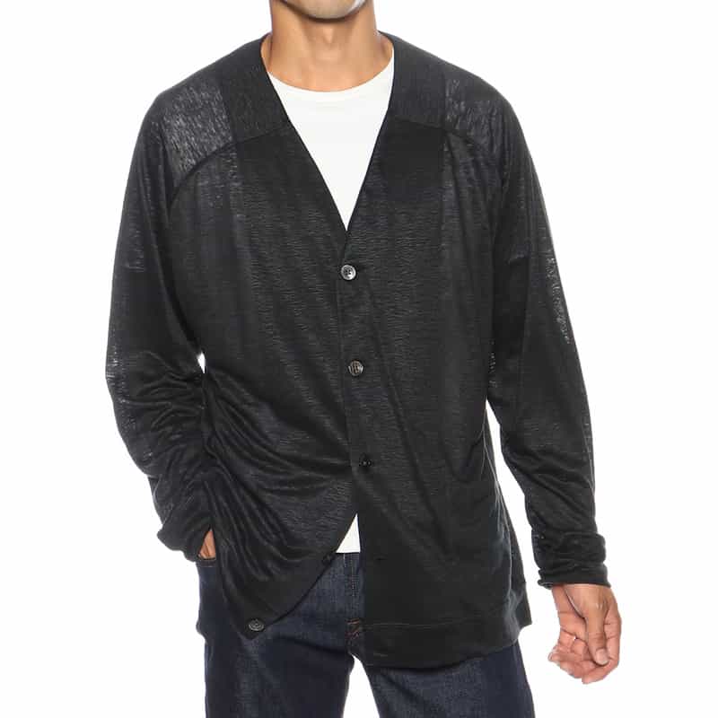 BARNEYS NEW YORK リネンVネックニットカーディガン BLACK