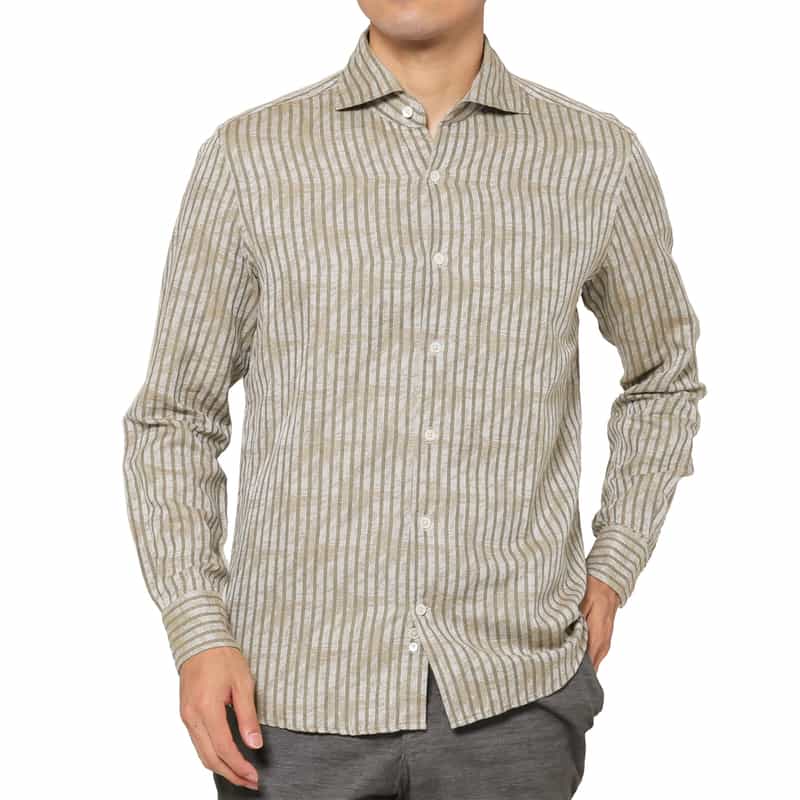 BARNEYS NEW YORK コットンリネン素材ストライプ柄カジュアルシャツ BEIGE