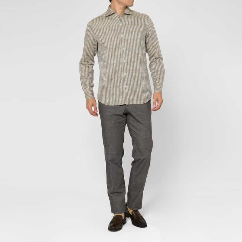BARNEYS NEW YORK コットンリネン素材ストライプ柄カジュアルシャツ BEIGE