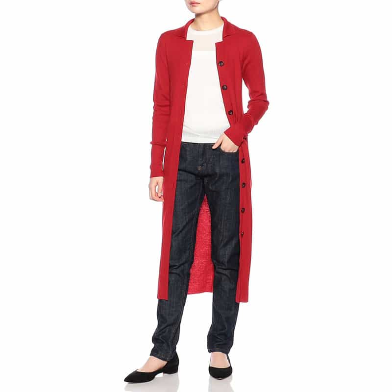 BARNEYS NEW YORK ウォッシャブルリブニットロングカーディガン RED