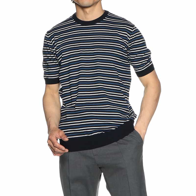 BARNEYS NEW YORK ボーダー半袖ニットTシャツ NAVY