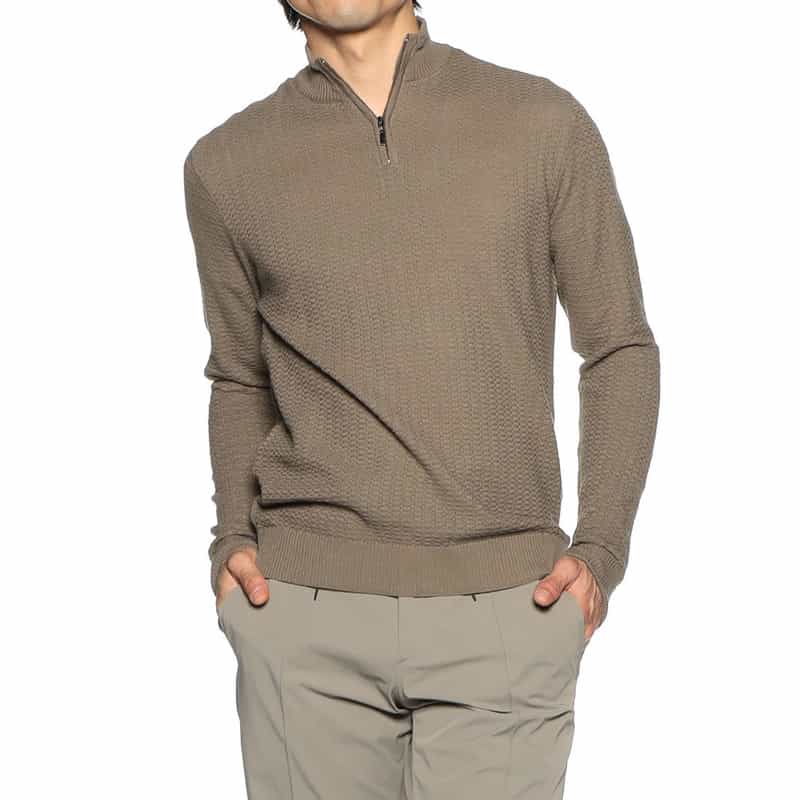BARNEYS NEW YORK コットンハーフジップニットプルオーバー LIGHT BROWN