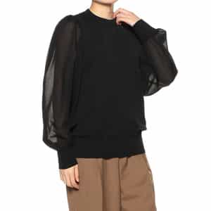 CREW NECK CROPPED SWEATER WITH SHEER SLEEVE-クルーネック
