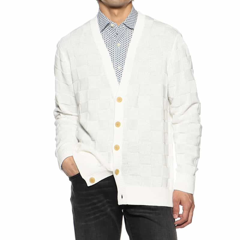 BARNEYS NEW YORK リンクス編みVネックカーディガン WHITE
