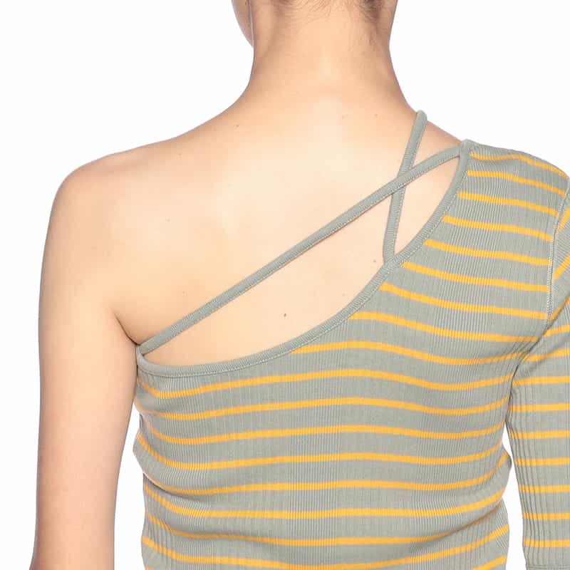 KIIRA ボーダー柄アシンメトリーカットソー GREEN