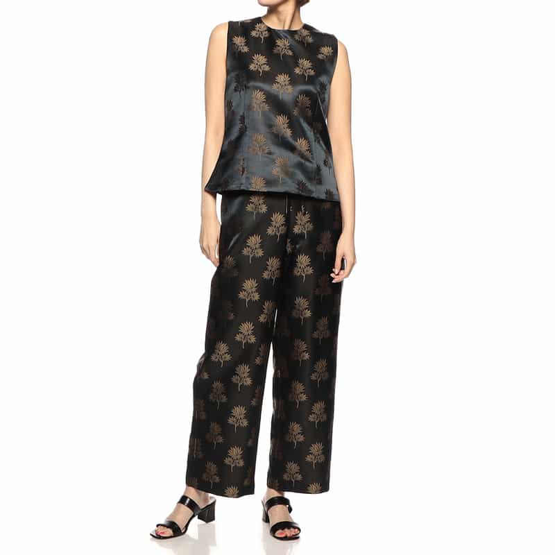 BARNEYS NEW YORK セットアップジャカードリーフプリント柄ブラウス NAVY