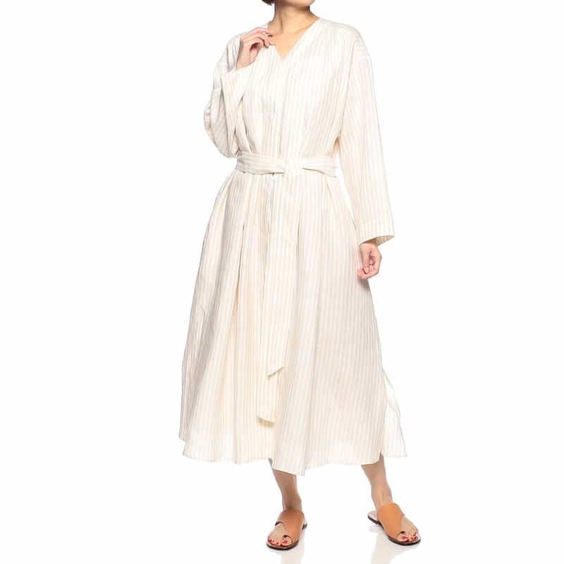 BARNEYS NEW YORK ウォッシャブルリネンVネックロングドレス (ハードマン社製リネン使用) YELLOW