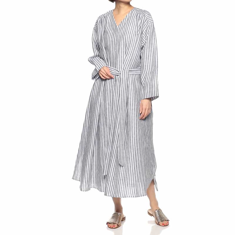 BARNEYS NEW YORK ウォッシャブルリネンVネックロングドレス (ハードマン社製リネン使用) NAVY