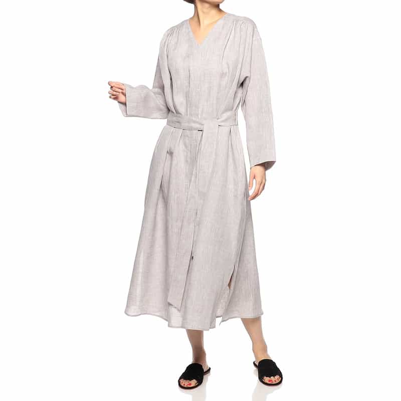 BARNEYS NEW YORK ウォッシャブルリネンVネックロングドレス (ハードマン社製リネン使用) LIGHT GRAY