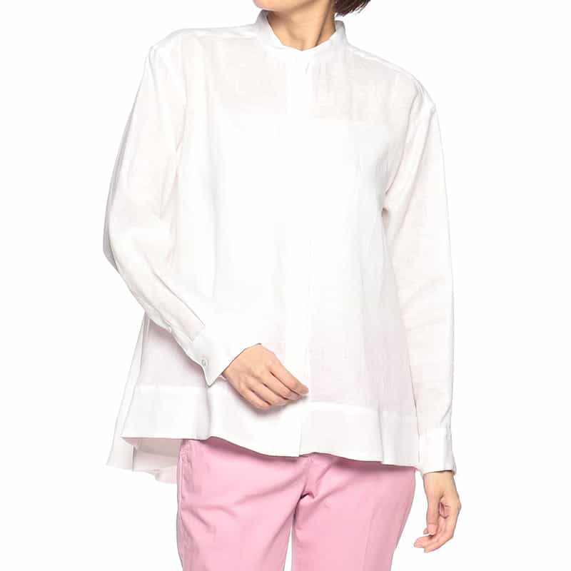 BARNEYS NEW YORK ウォッシャブルリネンバックタックバンドカラーシャツ (ハードマン社製リネン使用) WHITE