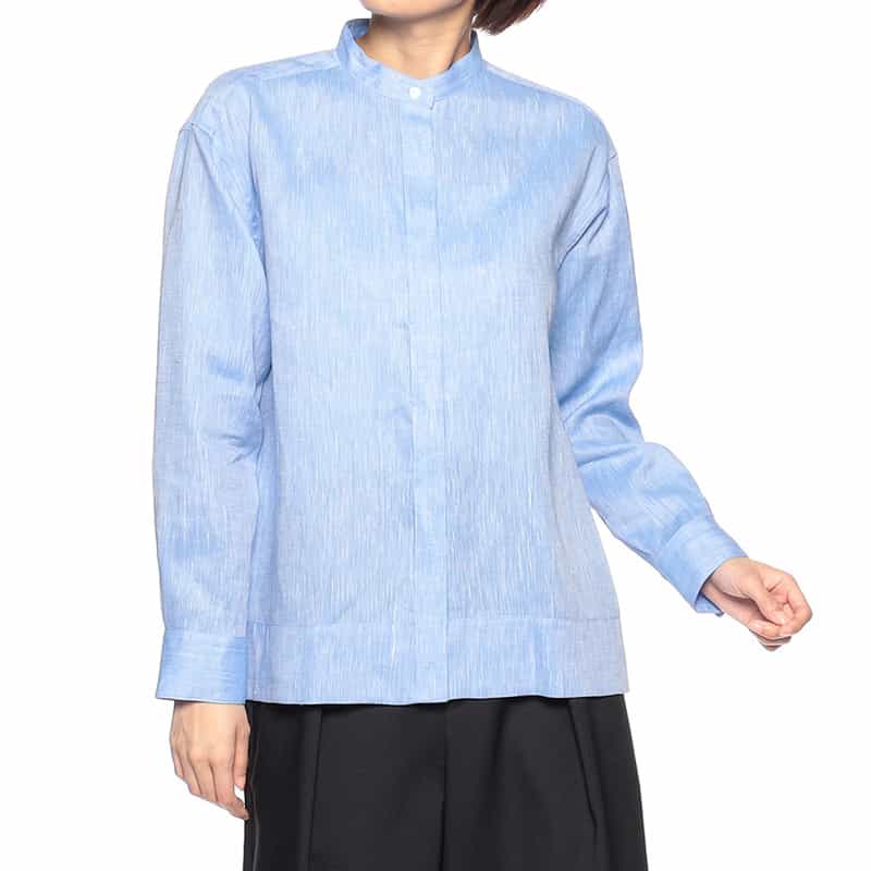 BARNEYS NEW YORK ウォッシャブルリネンバックタックバンドカラーシャツ (ハードマン社製リネン使用) BLUE