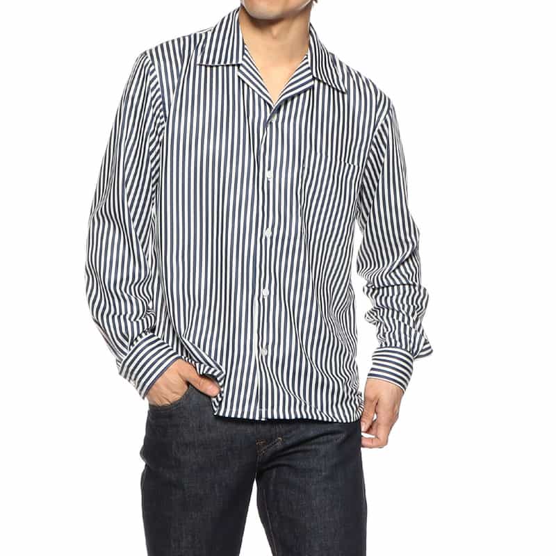 BARNEYS NEW YORK ストライプ柄オープンカラーシャツ NAVY