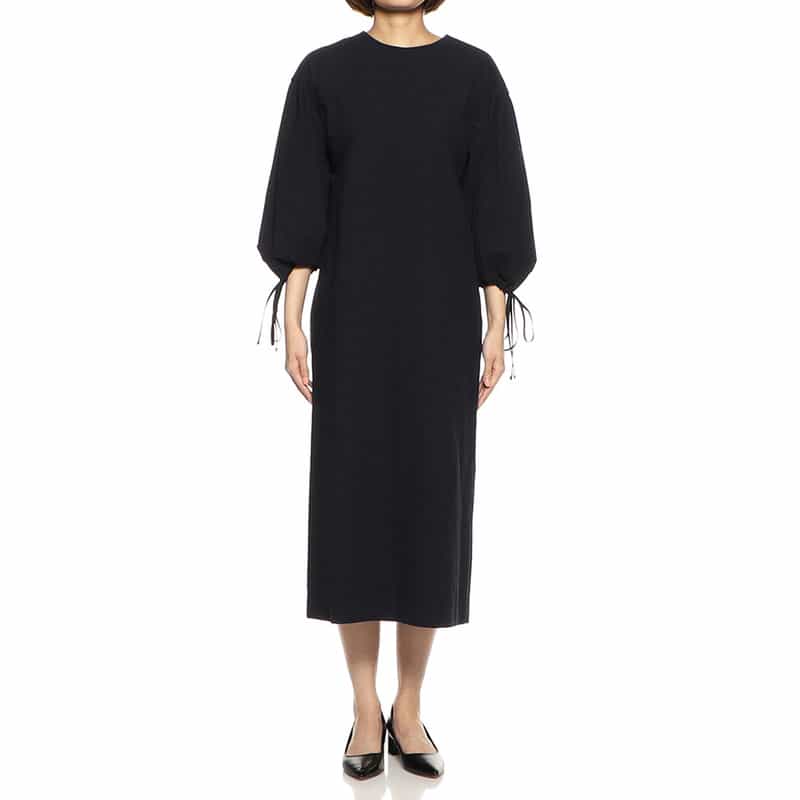 BARNEYS NEW YORK ウォッシャブルコットンボリュームスリーブドレス NAVY