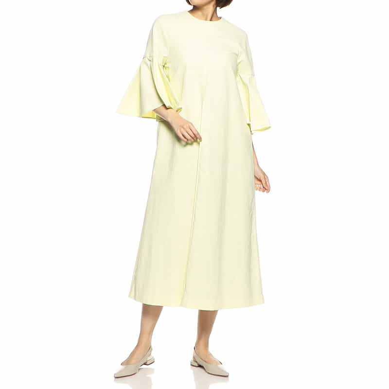 BARNEYS NEW YORK ウォッシャブル ベルスリーブフレアドレス LIGHT YELLOW