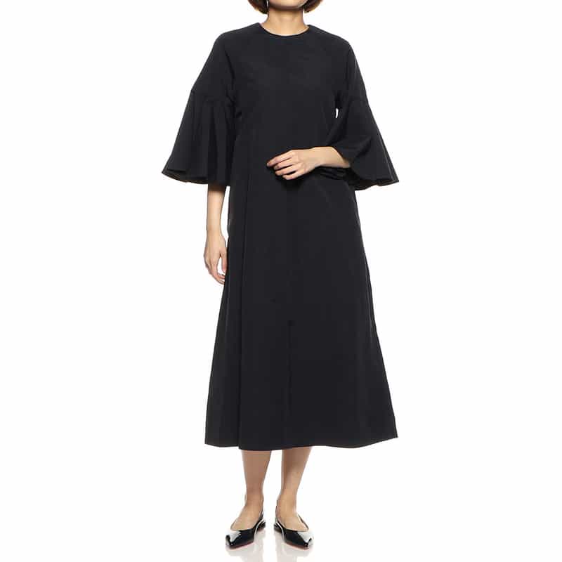 BARNEYS NEW YORK ウォッシャブル ベルスリーブフレアドレス NAVY