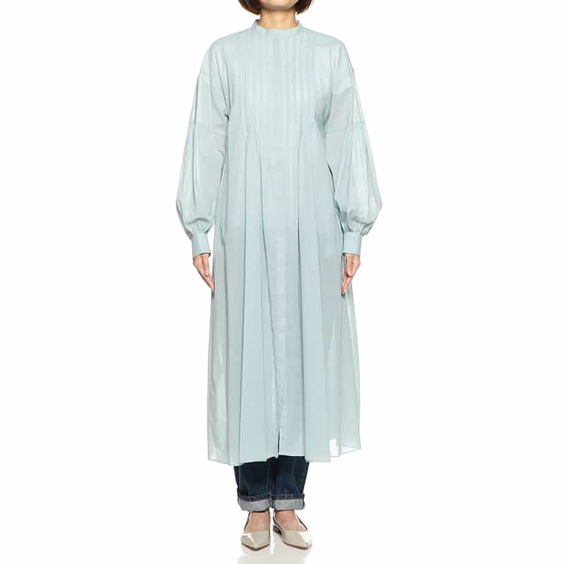 BARNEYS NEW YORK ウォッシャブルコットンシアーバンドカラーロングシャツドレス LIGHT GREEN