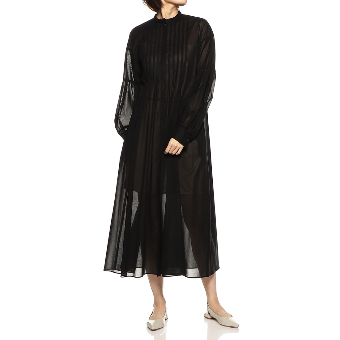 ウォッシャブルコットンシアーバンドカラーロングシャツドレス