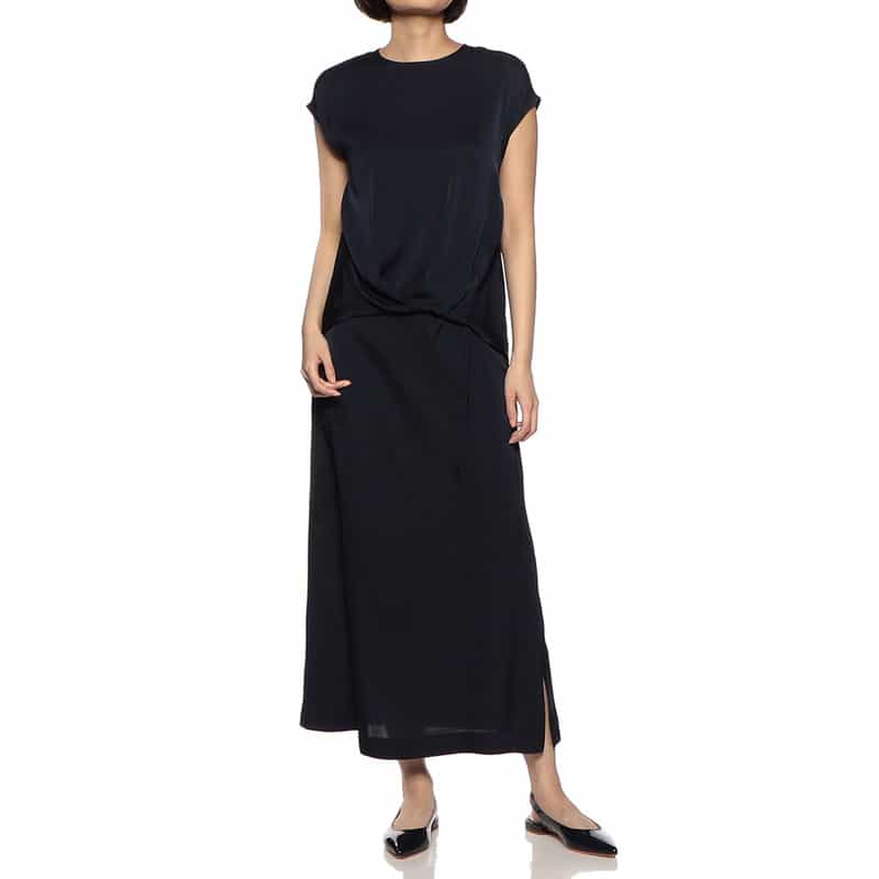 BARNEYS NEW YORK セットアップウォッシャブルシルクストレッチアシンメトリードレープスカート NAVY