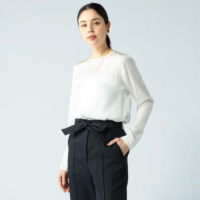 BARNEYS NEW YORK セットアップウォッシャブルシルクストレッチラウンドヘムプルオーバー WHITE