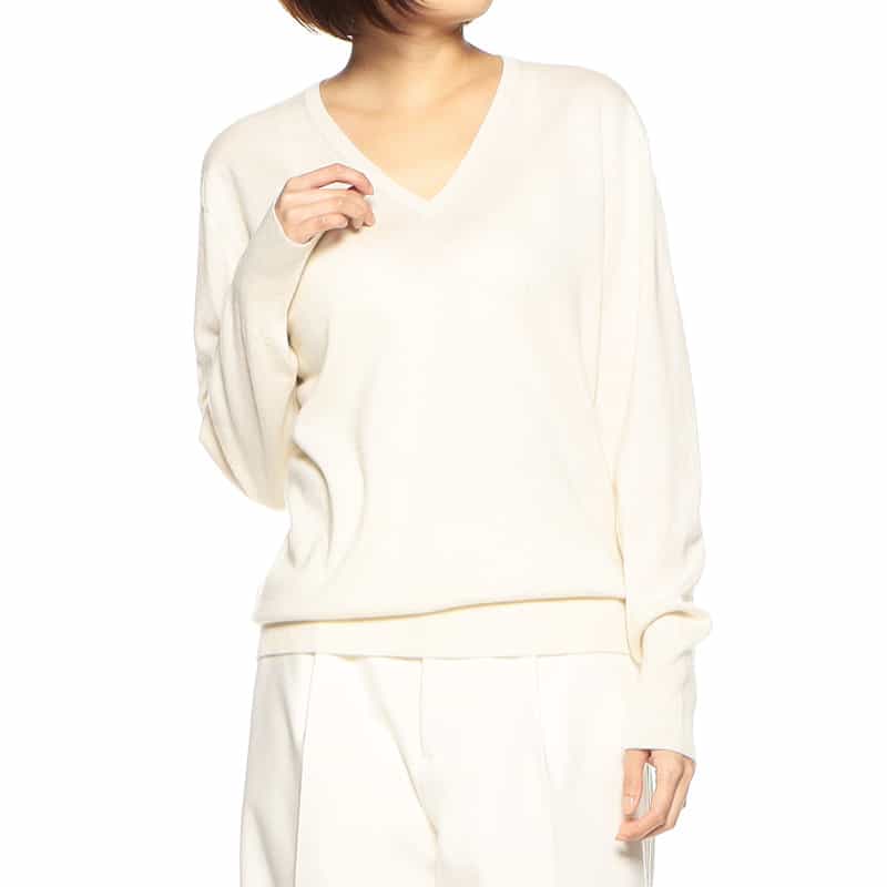 BARNEYS NEW YORK ウォッシャブルカシミヤシルクVネックニットプルオーバー IVORY