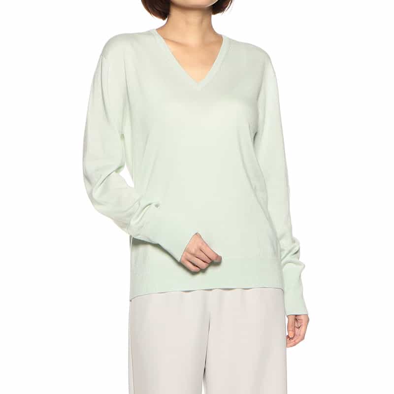BARNEYS NEW YORK ウォッシャブルカシミヤシルクVネックニットプルオーバー LIGHT GREEN