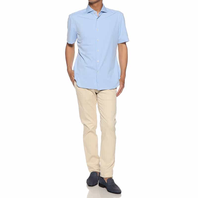 XACUS バーニーズ　ニューヨーク限定マイクロチェック柄ストレッチシャツ BLUE