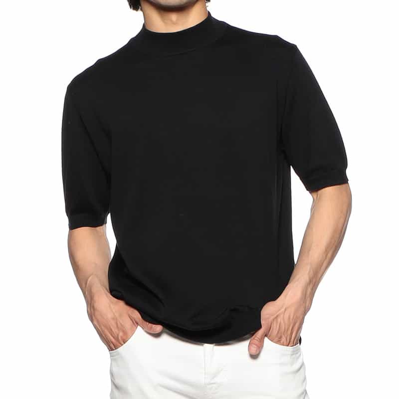 BARNEYS NEW YORK 海島綿半袖モックネックニットTシャツ BLACK