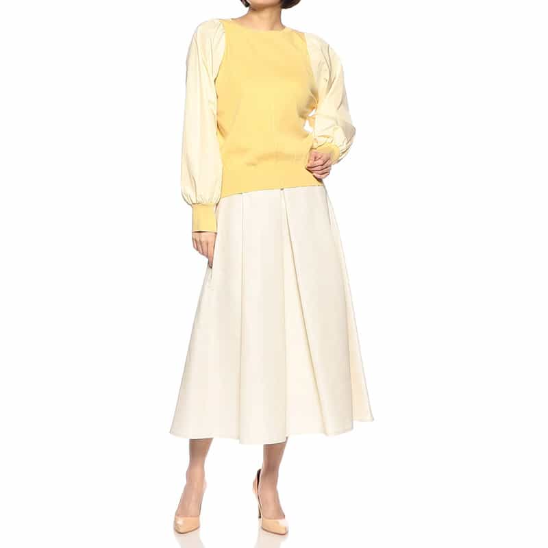 BARNEYS NEW YORK コンビネーションボリュームスリーブピンタックニットプルオーバー YELLOW