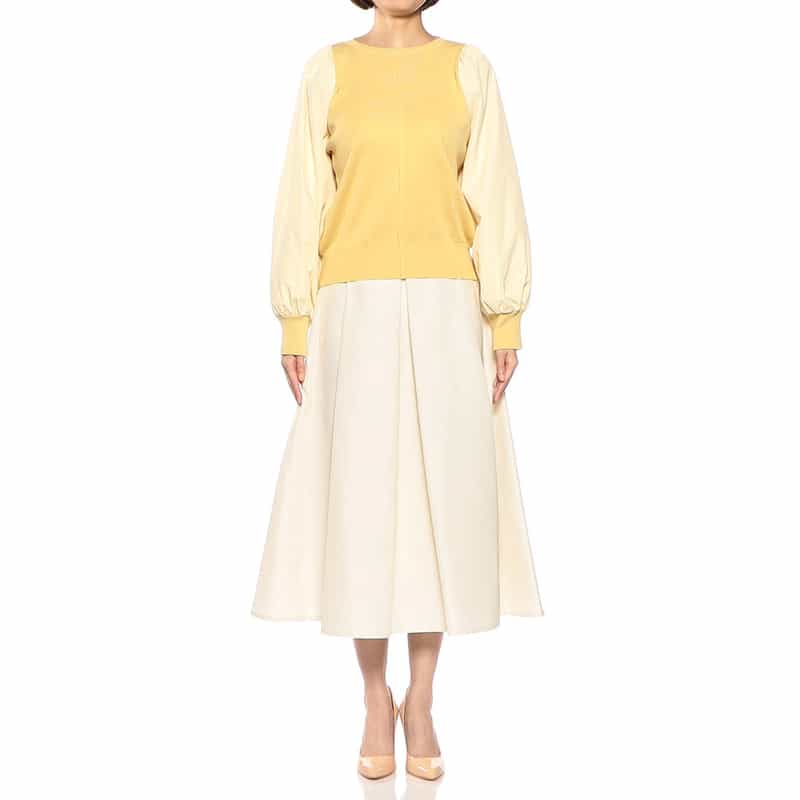 BARNEYS NEW YORK コンビネーションボリュームスリーブピンタックニットプルオーバー YELLOW