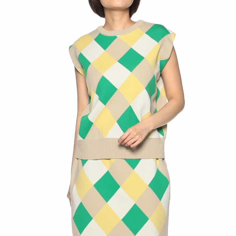 BARNEYS NEW YORK ウォッシャブル ダイヤ柄ニットプルオーバー BEIGE