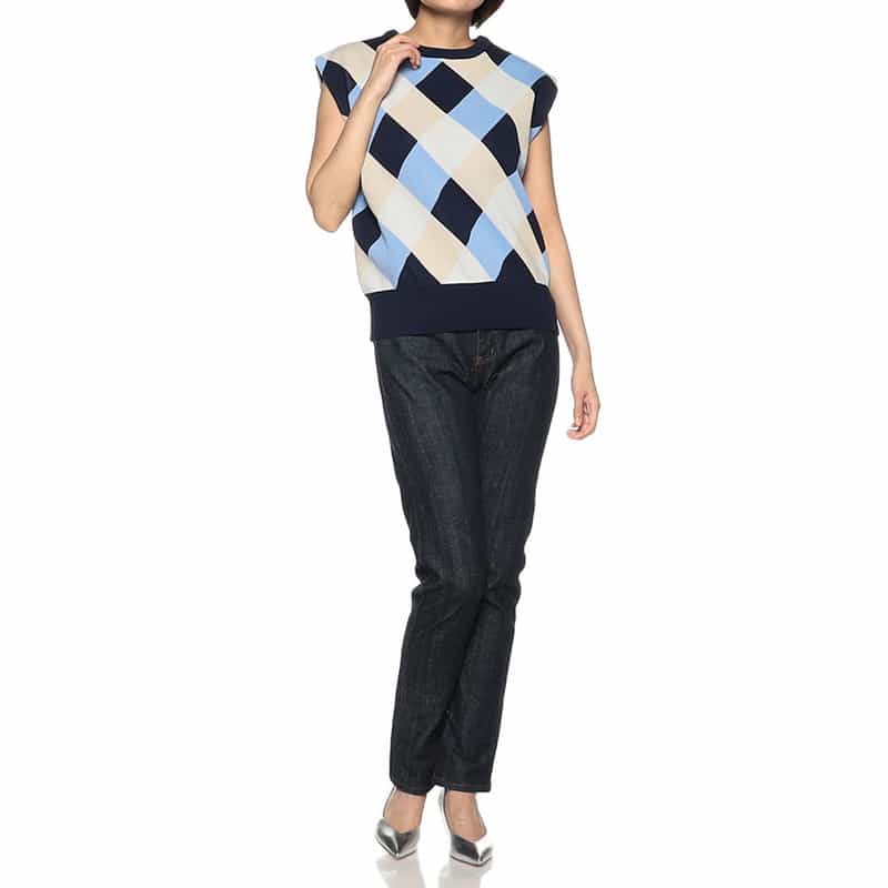 BARNEYS NEW YORK ウォッシャブル ダイヤ柄ニットプルオーバー NAVY