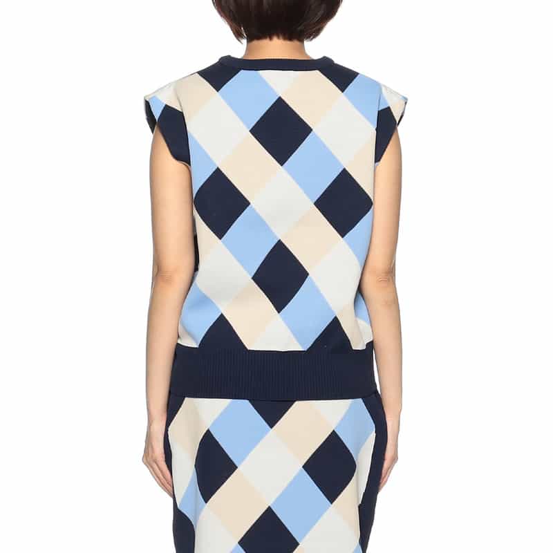 BARNEYS NEW YORK ウォッシャブル ダイヤ柄ニットプルオーバー NAVY