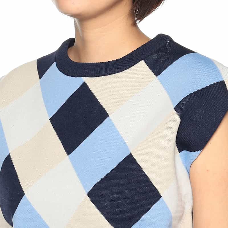 BARNEYS NEW YORK ウォッシャブル ダイヤ柄ニットプルオーバー NAVY