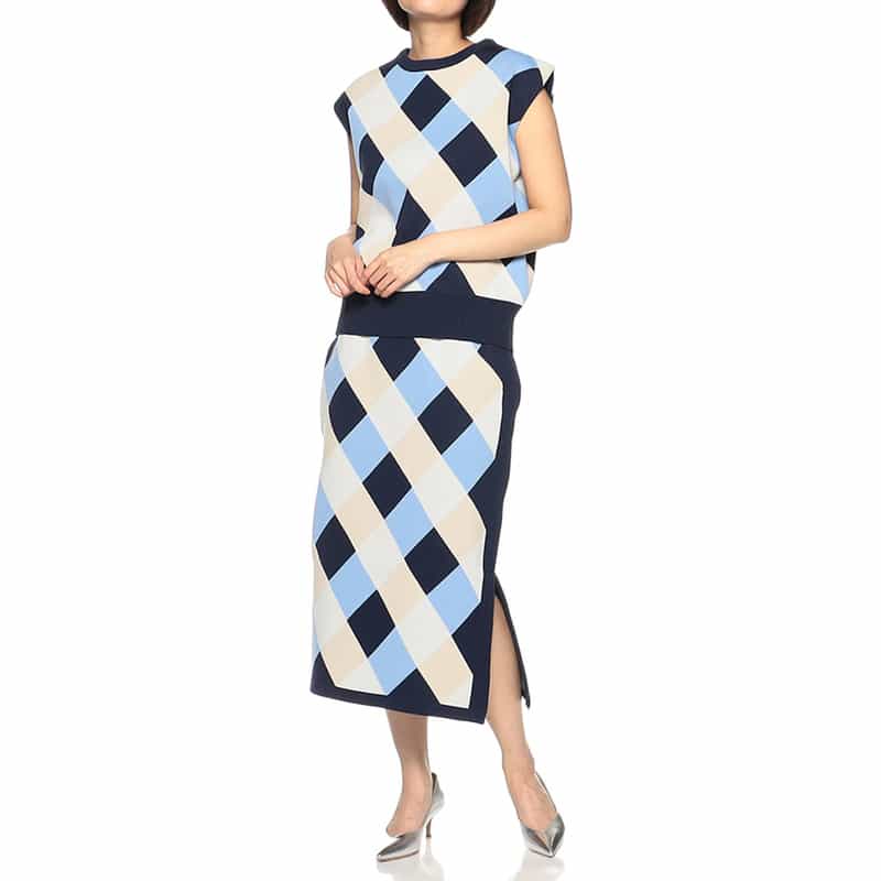 BARNEYS NEW YORK ウォッシャブル ダイヤ柄ニットスカート NAVY