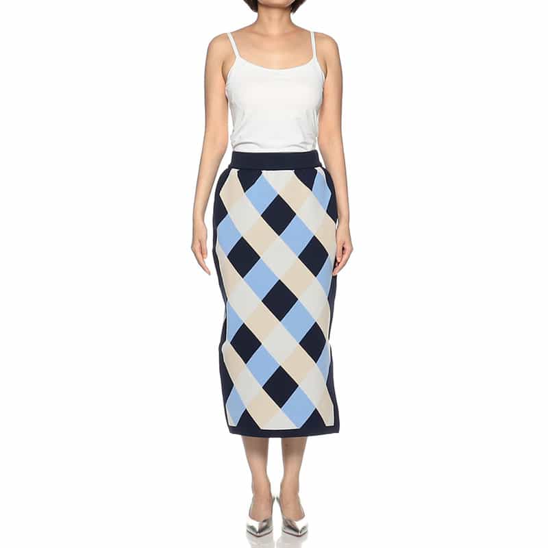 BARNEYS NEW YORK ウォッシャブル ダイヤ柄ニットスカート NAVY