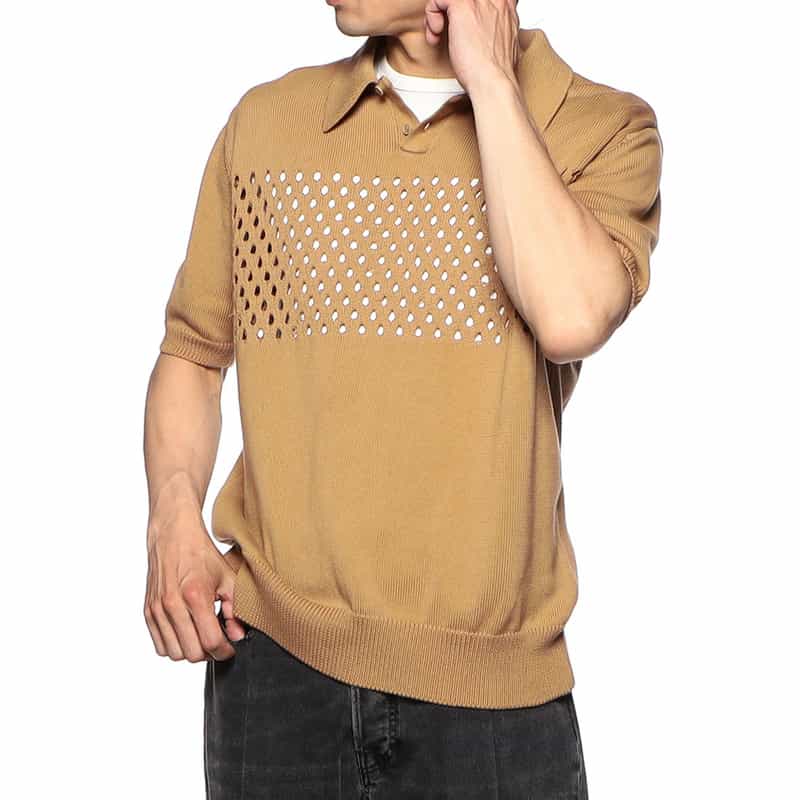 BARNEYS NEW YORK メッシュ切替ニットポロシャツ BEIGE