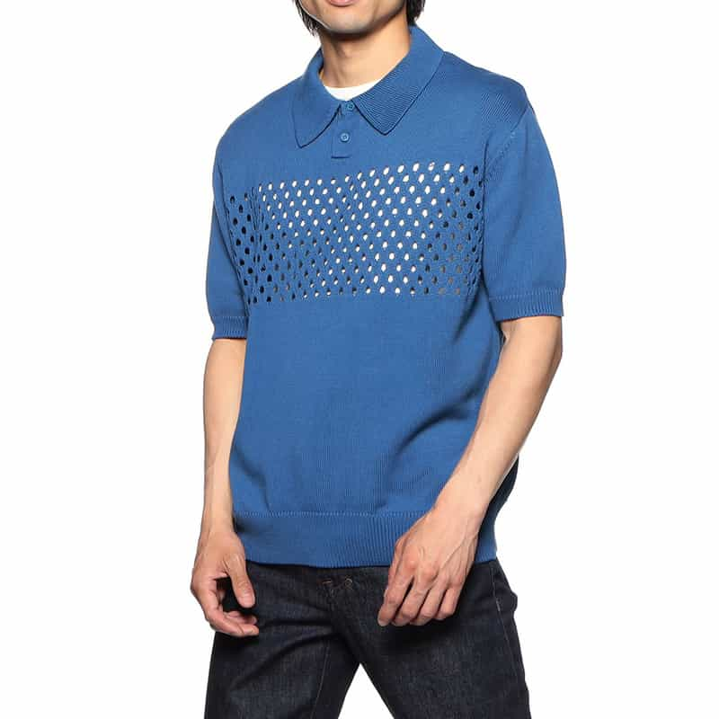 BARNEYS NEW YORK メッシュ切替ニットポロシャツ BLUE