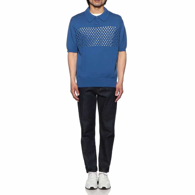 BARNEYS NEW YORK メッシュ切替ニットポロシャツ BLUE